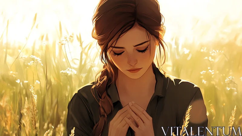 Digital painting portrait in sunlit meadow chiaroscuro.