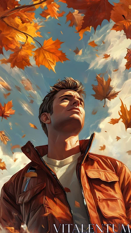 Autumn leaves swirling around pensive man in orange jacket.