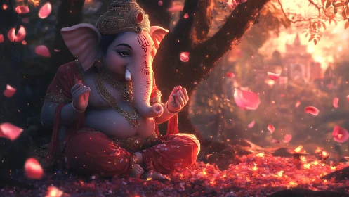 Gentle Ganesha in rose-petal dusk beneath glowing trees.