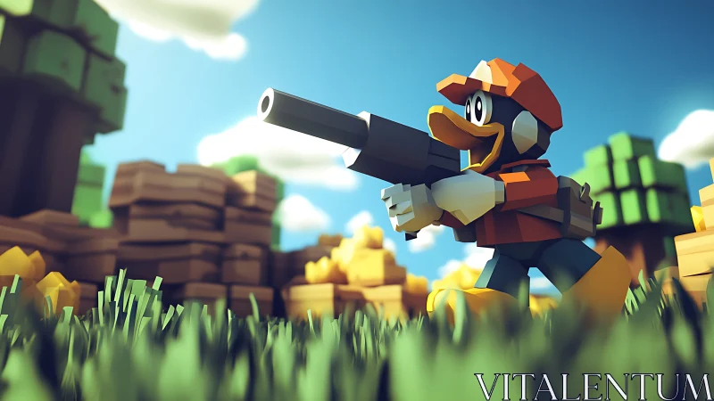Cartoon duck explorer roams colorful voxel forestland.