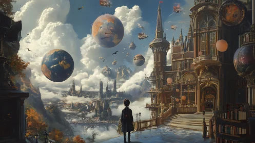 Skyborne library of drifting worlds and solitary wonder.