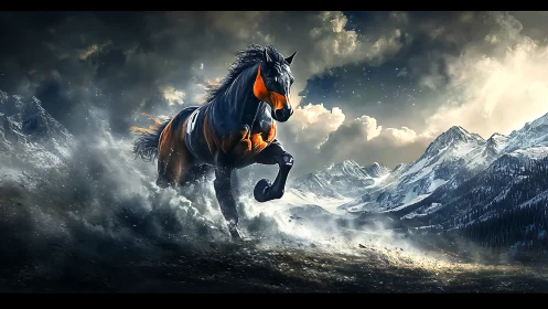 Horse moves through snow against dark, mountainous backdrop