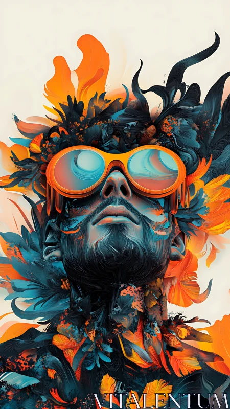 Neon surreal portrait merges floral explosions and goggles.