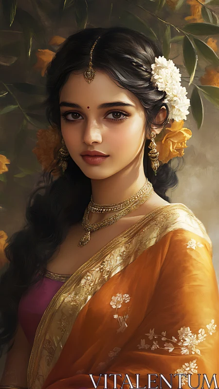 Golden blossoms listen quietly to her amber-saree grace