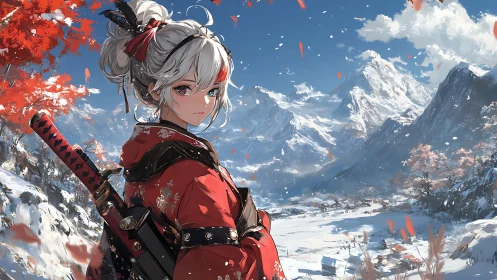 Samurai girl surveys snowy valley under bright winter sky
