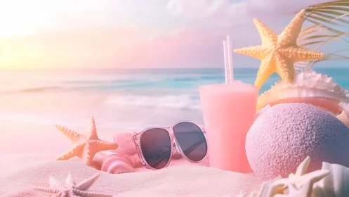 Pink tropical drink rests beside seashells on pastel beach