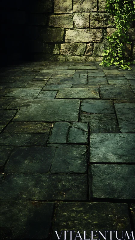 Mossy stone courtyard floor meets aged ivy covered wall