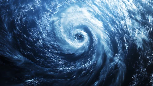 Ocean storm eye swirling in luminous midnight blues.