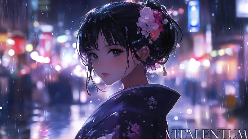 Nocturnal rainlit kimono portrait in neon cityscape focus.
