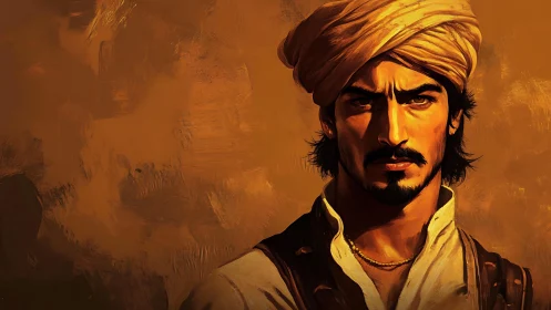 Resolute turbaned man gazes forward in warm golden light