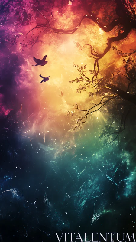 Silhouetted birds cross gradient sky under twisted tree