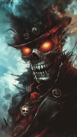 Ember eyed skeletal gunslinger prowls the stormlit void.