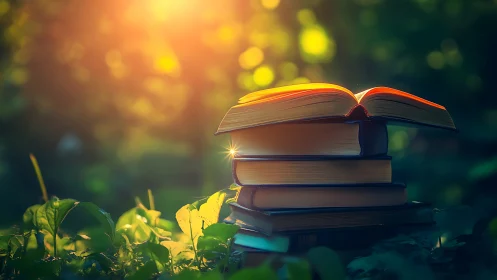 Sunlit stories quietly bloom from a forest stack of books