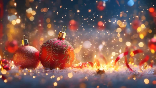 Glowing red Christmas baubles sparkle in festive snowfall