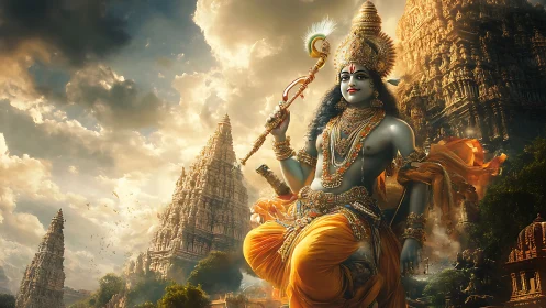 Stormlit deity strides through temple spires of molten gold