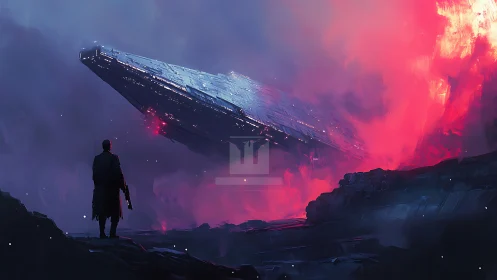 Solitary observer studies descending starship over magma clouds