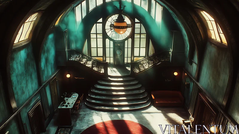 Cinematic grand staircase under teal atmospheric lighting in foyer
