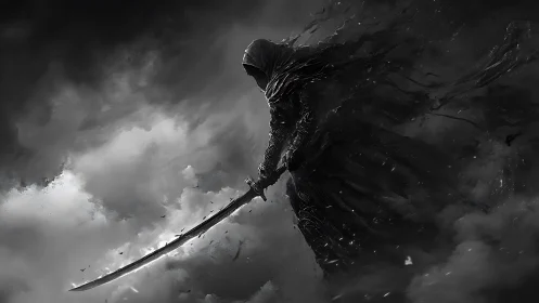 Hooded dark warrior holding a katana in storm clouds.