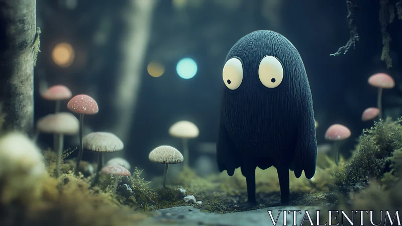 Timid black creature wandering through glowing forest mushrooms.