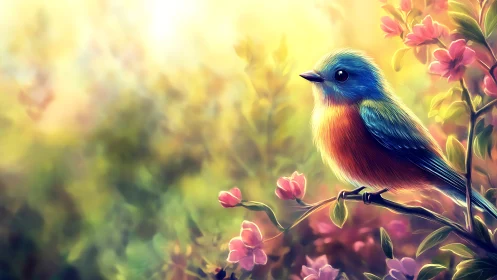 A Vibrant Bird Perches Among Blooming Pink Flowers