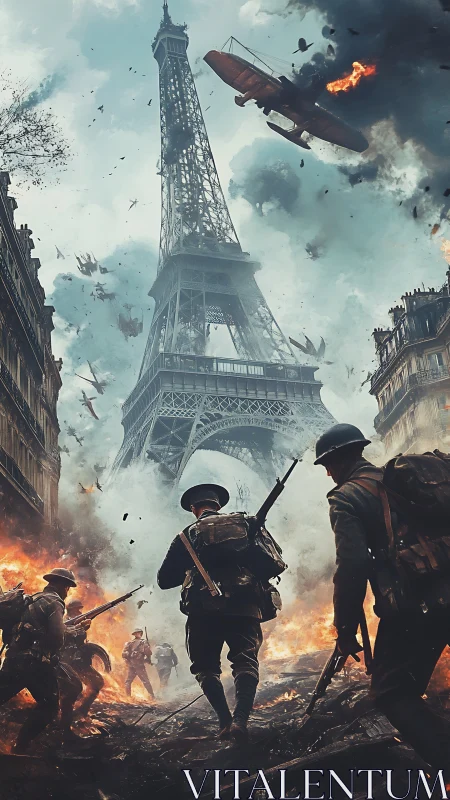 Eiffel Tower under firestorm skies in alternate war torn Paris.
