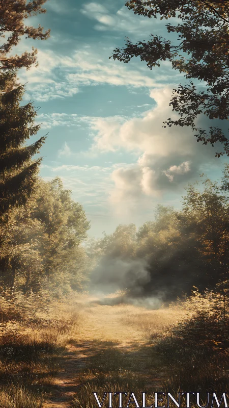 Forest Clearing with Autumn Light and Cloud-Filled Sky.