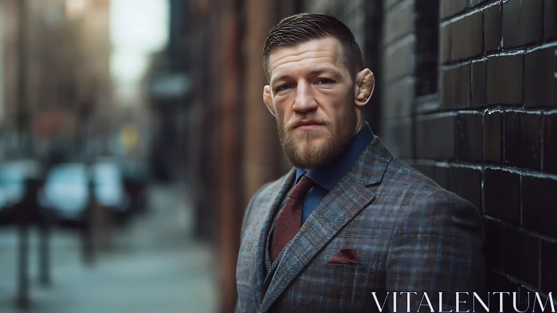Bearded man in checked suit leaning against city wall.