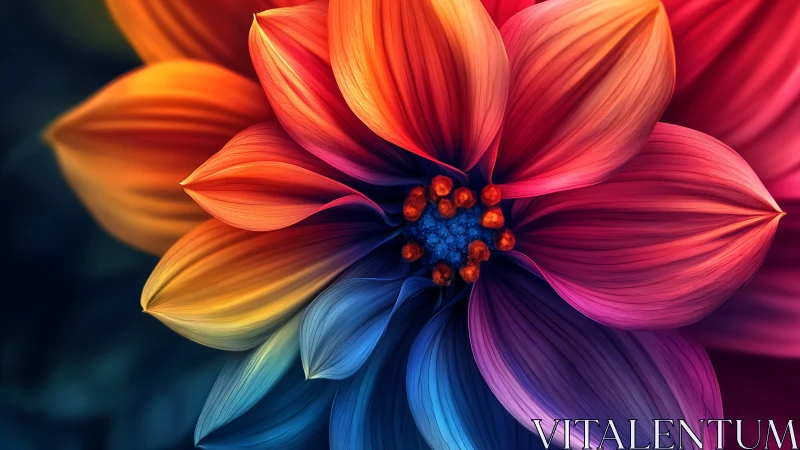 Radiant multicolor flower unfurls in luminous digital detail.