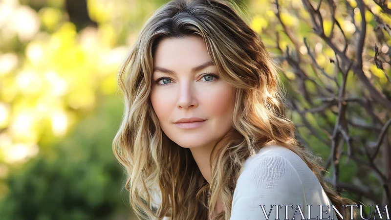 Sunlit portrait of serene woman in soft garden bokeh.