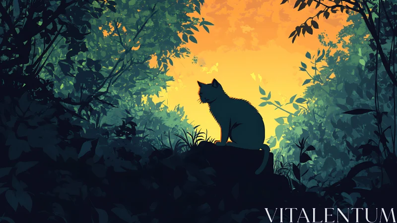 Silhouetted Cat at Dusk in Forest Canopy.
