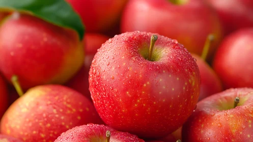 Fresh red apples with water droplets in vivid closeup.