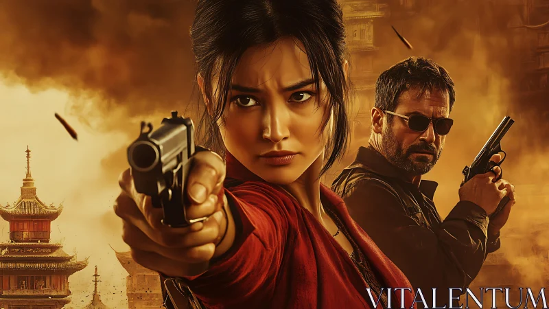 Armed agents confront danger amid blazing city skyline.