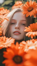 High-key floral portrait with shallow-depth facial isolation.