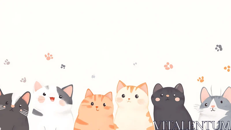 Adorable Cartoon Cats Lineup with Paw Prints.