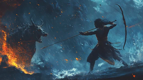 Storm-lit warrior stares down a flaming demon beast in battle