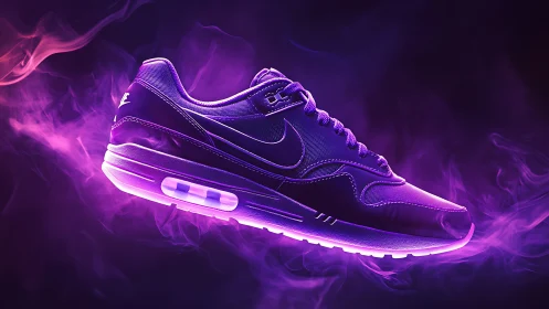 Neon purple sneaker hovers in glowing smoke-filled void