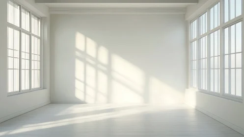 Sunlit empty white room shows large grid windows and shadows