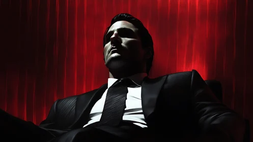 Low key suited man in chiaroscuro lighting against red backdrop