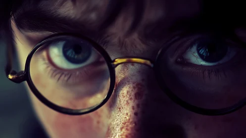 Close view of freckled face with round glasses frame.