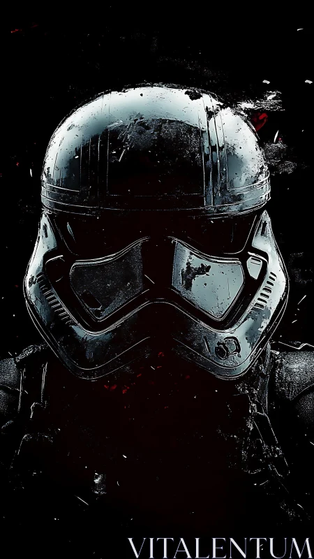 Battle-worn sci-fi trooper helmet in high-contrast portrait