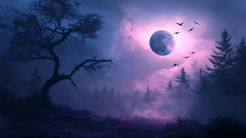 Moonlit mist and midnight birds over a dreaming forest.