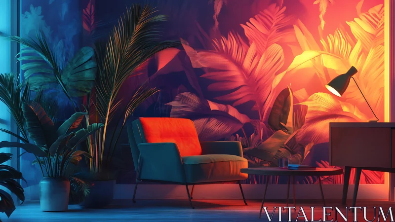 Tropical living room corner shows dramatic colored lighting