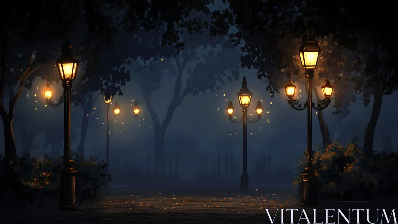 Golden lamplight softly illuminates a misty midnight park path
