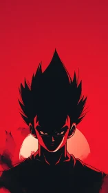 Shadow warrior silhouette before a burning anime sun.