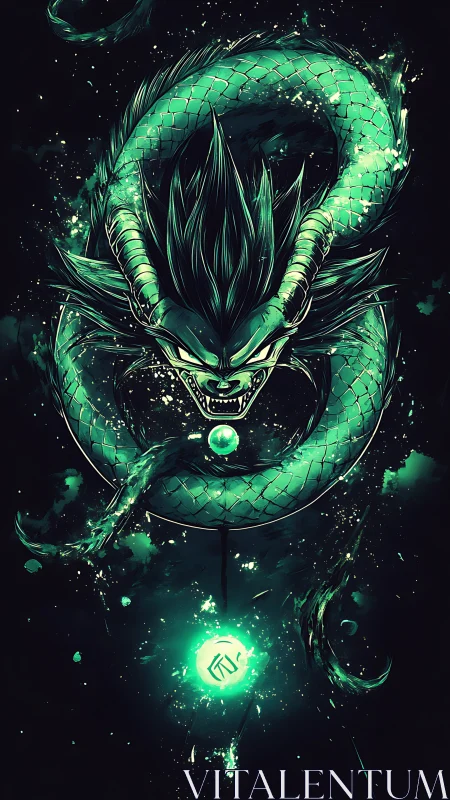 Bioluminescent serpentine dragon orbiting radiant energy core