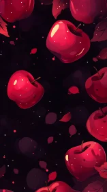 Red apples and leaves float against a dark uniform background