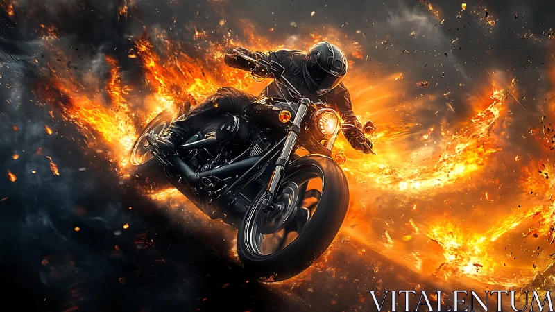 Motorcycle rider carves through swirling fire and smoke.