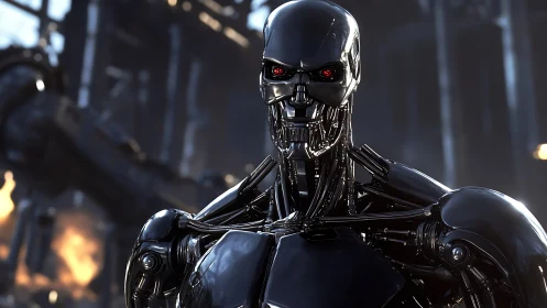 Chrome combat android stares forward in ruined factory