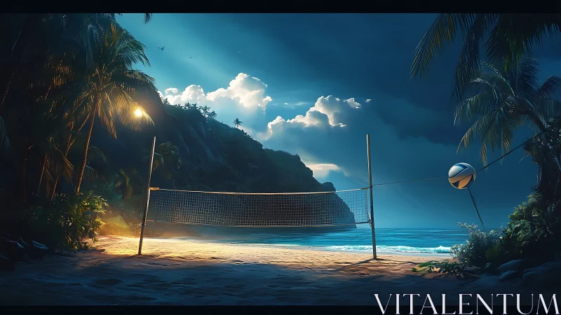 Moonlit beach volleyball court glows beneath dramatic clouds.