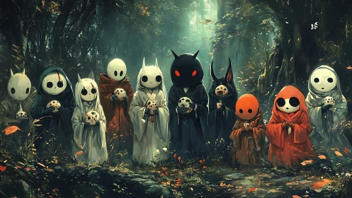 Hooded forest sprites aligned in ritual orb procession.